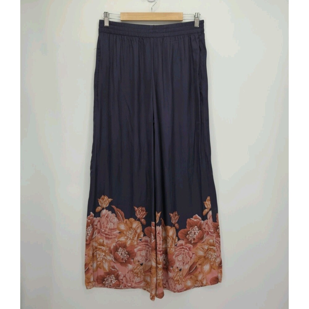 New Elie Tahari Womens Wide Leg Pull On Pants Flow Satin Navy Floral Size Medium
